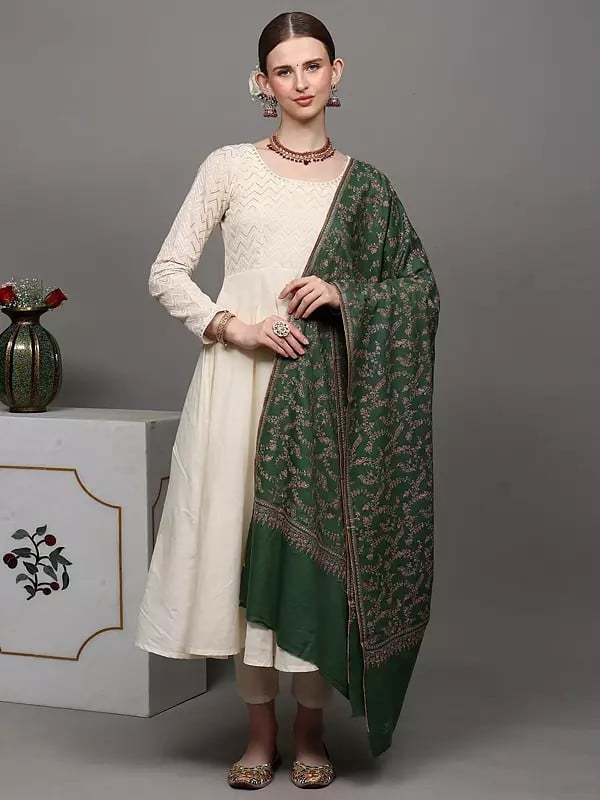 Exotic India Mint-Green Pure Pashmina Shawl With Detailed Floral Jaal Sozni Embroidery By Hand 