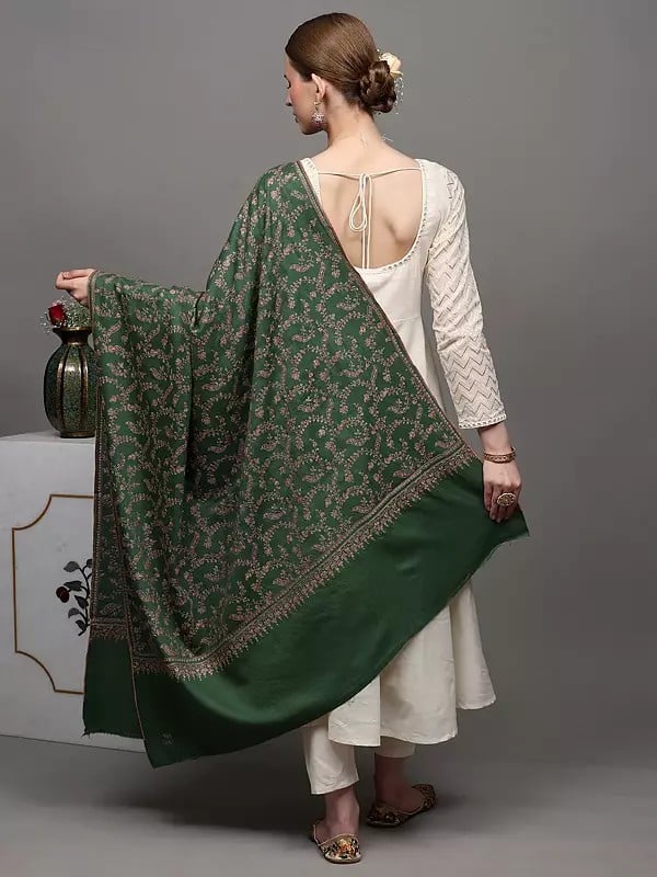 Exotic India Mint-Green Pure Pashmina Shawl With Detailed Floral Jaal Sozni Embroidery By Hand 