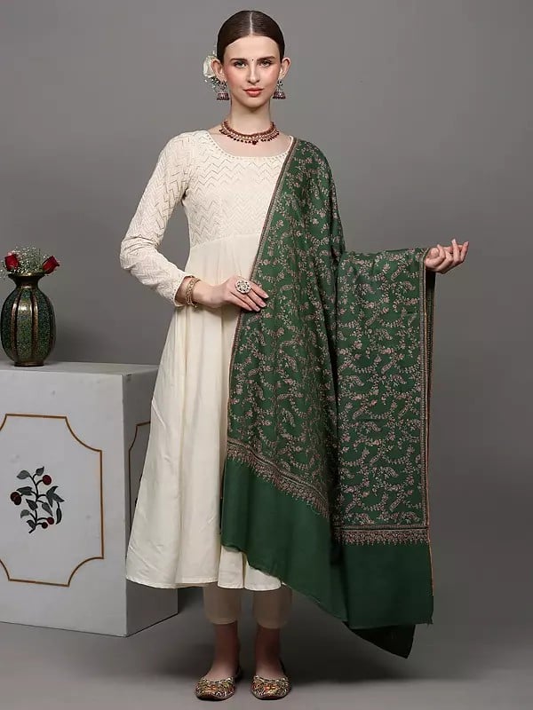 exotic india Mint-Green Pure Pashmina Shawl with Detailed Floral Jaal Sozni Embroidery by Hand 