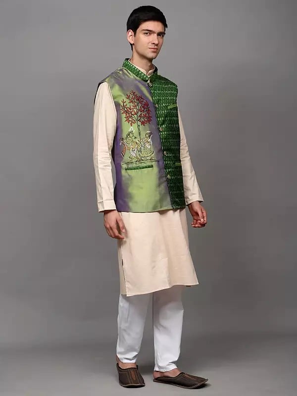 Exotic India Mint-Green Pure Silk Fluting Radha Krishna Waistcoat With Ikat Weave 