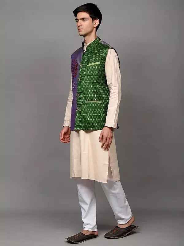 Exotic India Mint-Green Pure Silk Fluting Radha Krishna Waistcoat With Ikat Weave 