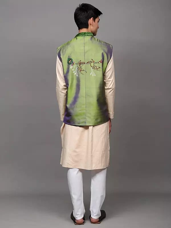 Exotic India Mint-Green Pure Silk Fluting Radha Krishna Waistcoat With Ikat Weave 