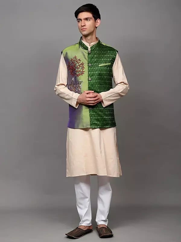 exotic india Mint-Green Pure Silk Fluting Radha Krishna Waistcoat with Ikat Weave 