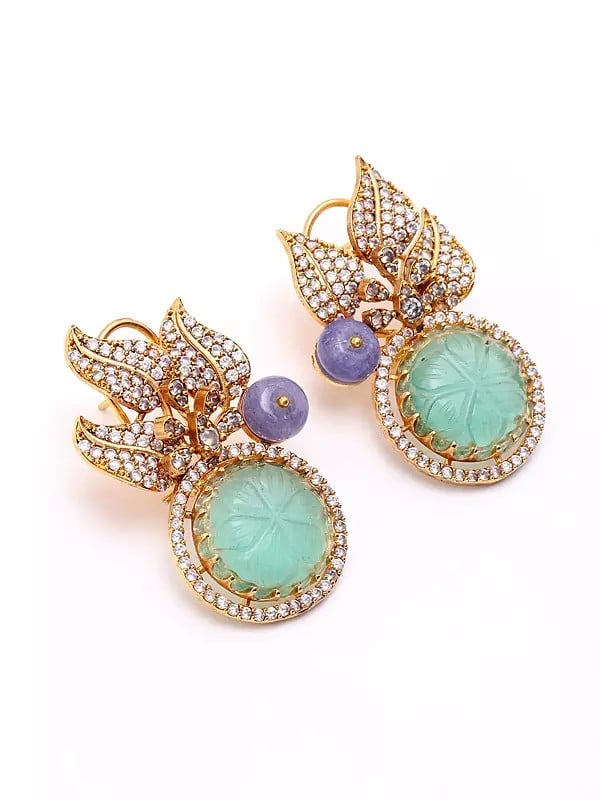 Exotic India Mint Green Stone Studded Leaf Design Earrings 