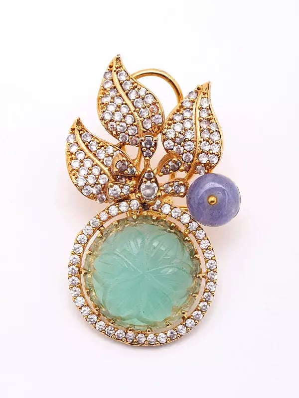 Exotic India Mint Green Stone Studded Leaf Design Earrings 