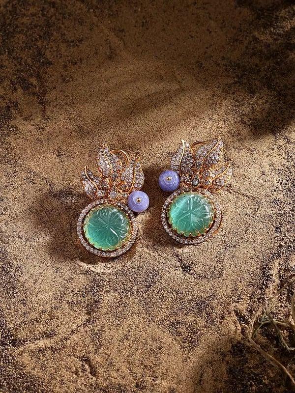 Exotic India Mint Green Stone Studded Leaf Design Earrings 