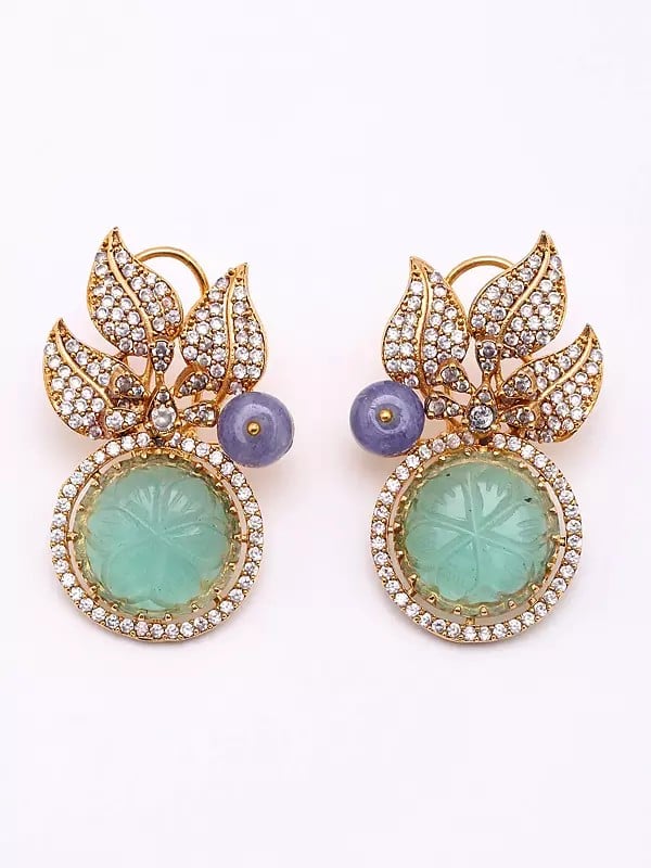 exotic india Mint Green Stone Studded Leaf Design Earrings 