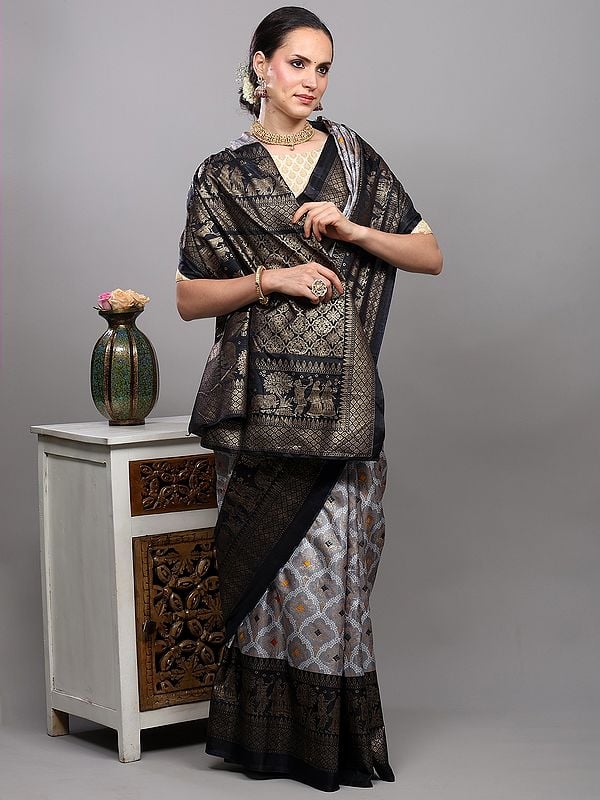 Exotic India Mirage-Gray Banarasi Saree With Golden Foil Printed Pattern And Marriage Procession Pattern Border 
