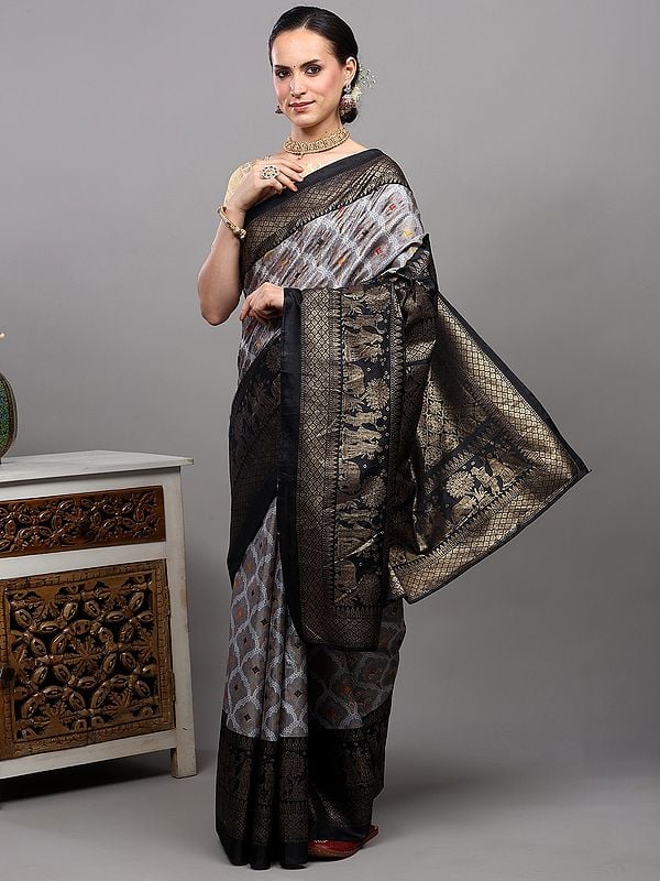 Exotic India Mirage-Gray Banarasi Saree With Golden Foil Printed Pattern And Marriage Procession Pattern Border 