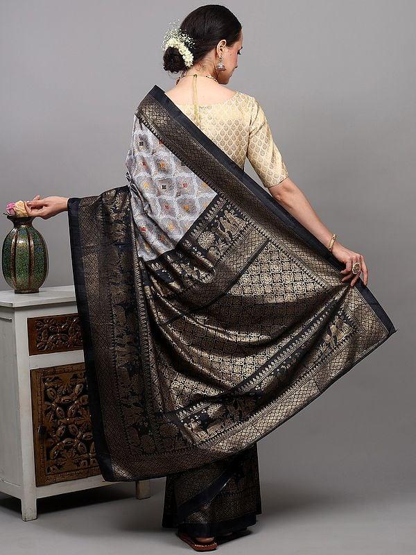 Exotic India Mirage-Gray Banarasi Saree With Golden Foil Printed Pattern And Marriage Procession Pattern Border 