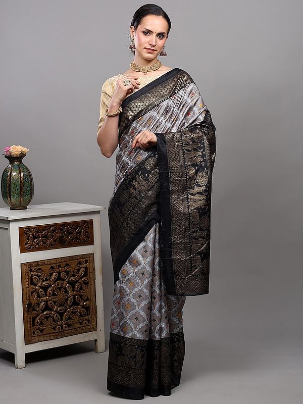 exotic india Mirage-Gray Banarasi Saree with Golden Foil Printed Pattern and Marriage Procession Pattern Border 