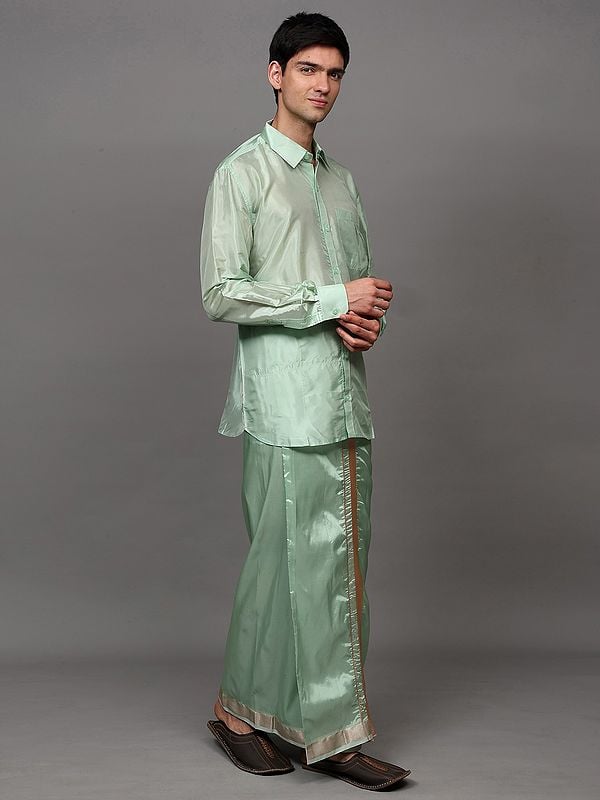 Exotic India Mist-Green Full Sleeve Art Silk Shirt With Matching Zari Border Adjustable Hook And Loop Closure Mundu 