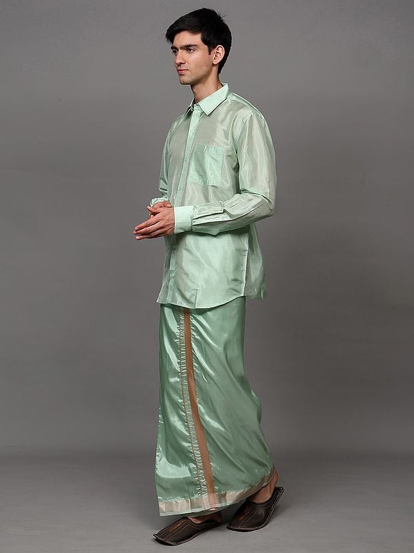 Exotic India Mist-Green Full Sleeve Art Silk Shirt With Matching Zari Border Adjustable Hook And Loop Closure Mundu 