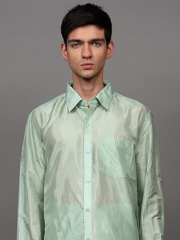 Exotic India Mist-Green Full Sleeve Art Silk Shirt With Matching Zari Border Adjustable Hook And Loop Closure Mundu 