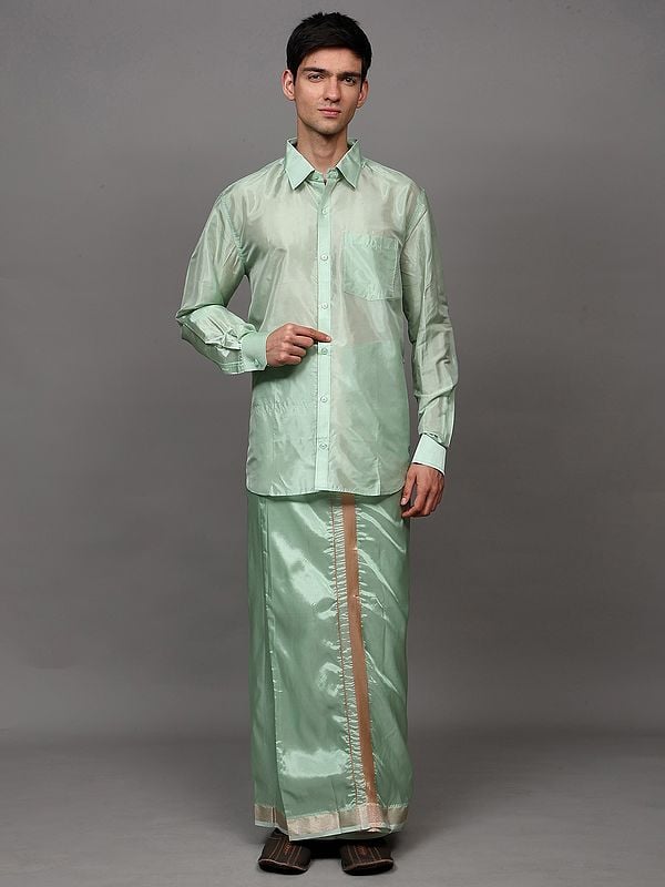 exotic india Mist-Green Full Sleeve Art Silk Shirt with Matching Zari Border Adjustable Hook and Loop Closure Mundu 