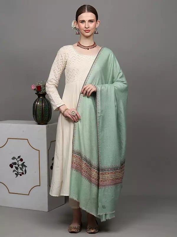 Exotic India Mist-Green Pure Pashmina Palledar Shawl With Sozni Embroidery By Hand 