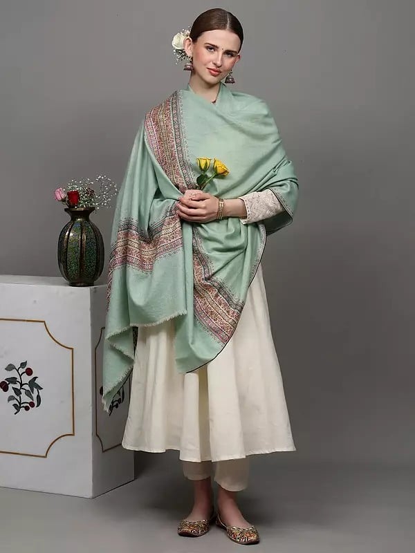 Exotic India Mist-Green Pure Pashmina Palledar Shawl With Sozni Embroidery By Hand 