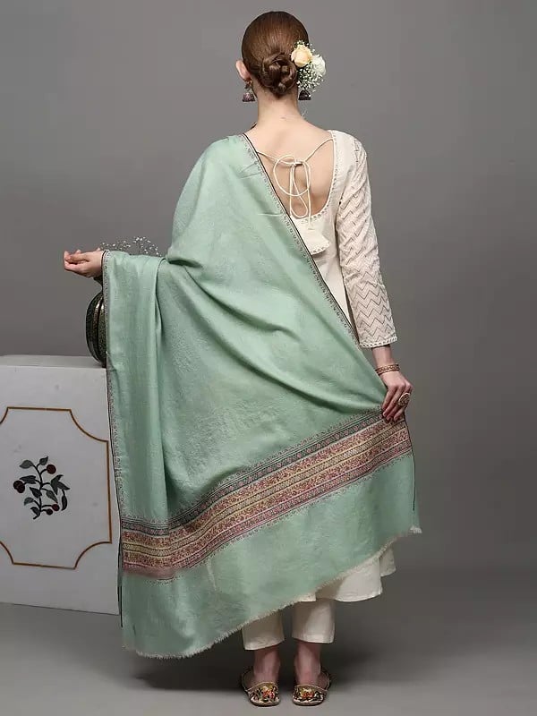 Exotic India Mist-Green Pure Pashmina Palledar Shawl With Sozni Embroidery By Hand 