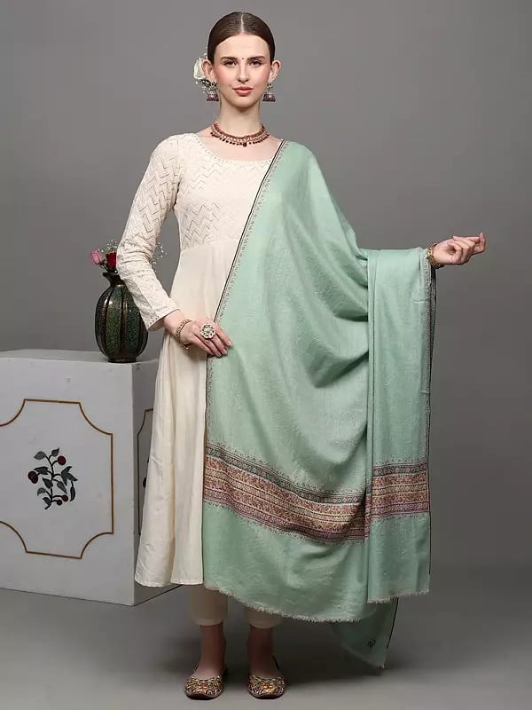 exotic india Mist-Green Pure Pashmina Palledar Shawl with Sozni Embroidery by Hand 