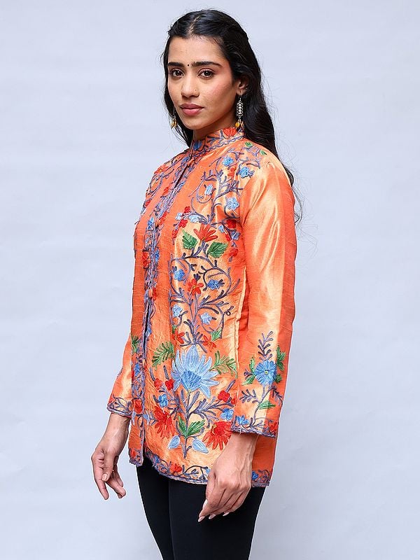 Exotic India Mock-Orange Kashmiri Short Jacket With Aari Embroidered Flowers 