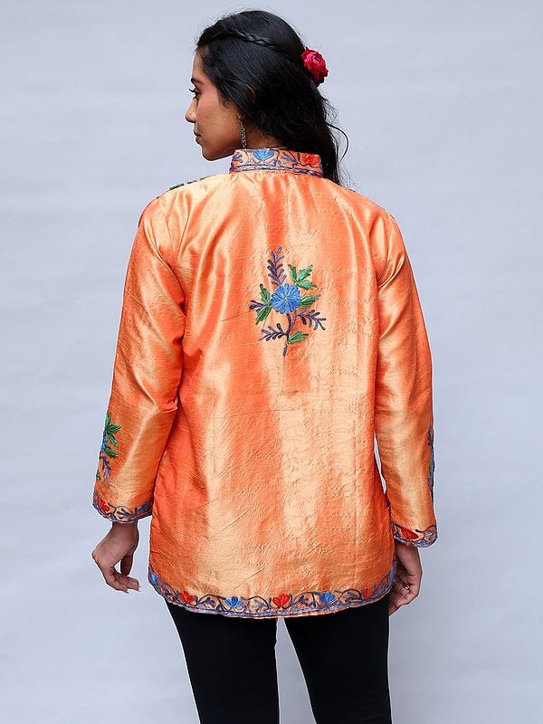 Exotic India Mock-Orange Kashmiri Short Jacket With Aari Embroidered Flowers 