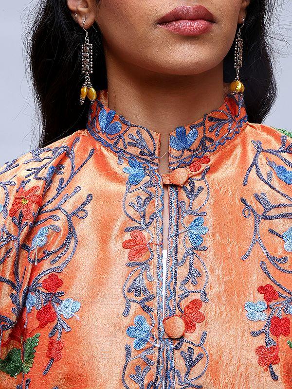 Exotic India Mock-Orange Kashmiri Short Jacket With Aari Embroidered Flowers 