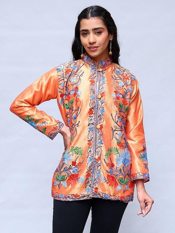 exotic india Mock-Orange Kashmiri Short Jacket with Aari Embroidered Flowers 