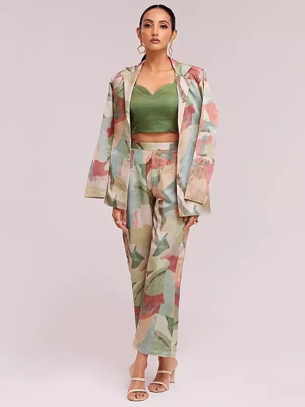 Exotic India Modal Satin Abstract Printed Designer Blazer And Trouser Co-Ord Set For Party Occasion 