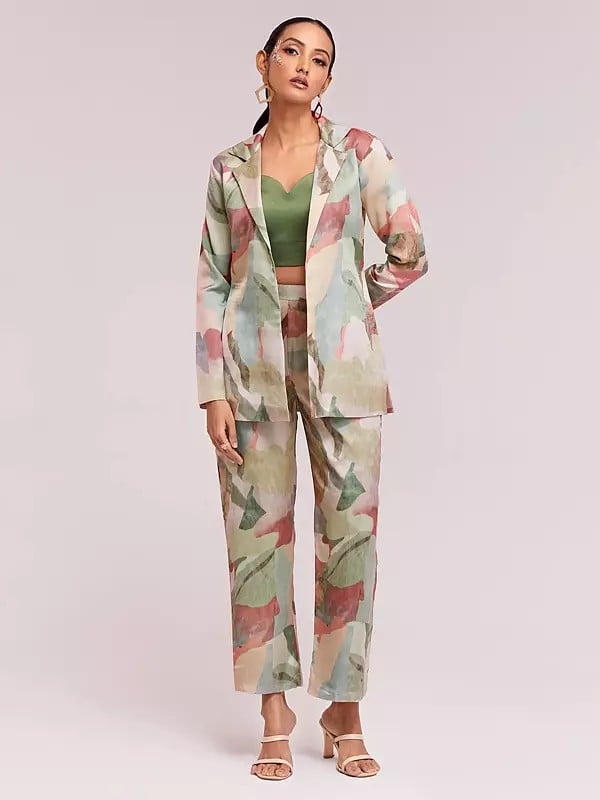Exotic India Modal Satin Abstract Printed Designer Blazer And Trouser Co-Ord Set For Party Occasion 