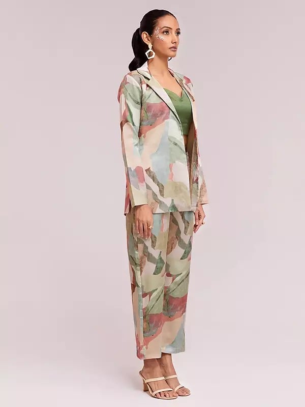 Exotic India Modal Satin Abstract Printed Designer Blazer And Trouser Co-Ord Set For Party Occasion 