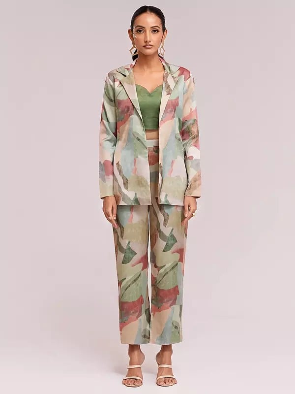 exotic india Modal Satin Abstract Printed Designer Blazer And Trouser Co-Ord Set For Party Occasion 