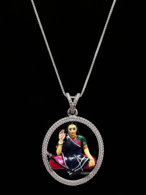 Exotic India Mogal Maa Enamelled Sterling Silver Pendant (Rare Goddess Of India)