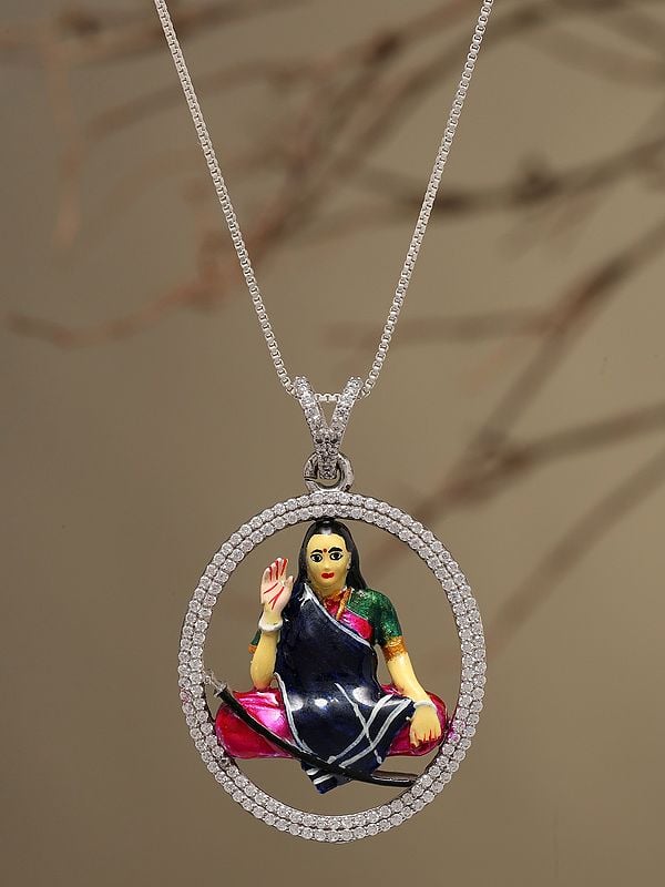 Exotic India Mogal Maa Enamelled Sterling Silver Pendant (Rare Goddess Of India)
