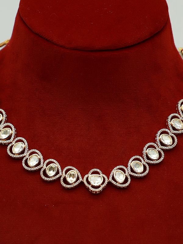 Exotic India Moissanite Designer Light Weight Necklace Set With Earrings 