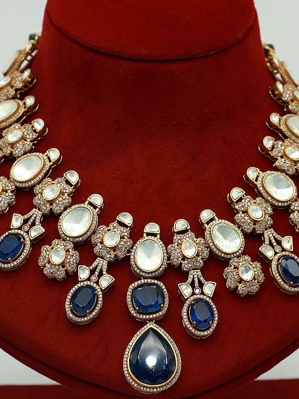 Exotic India Moissanite Designer Necklace Set With Antique Polish And Doublet Stone 