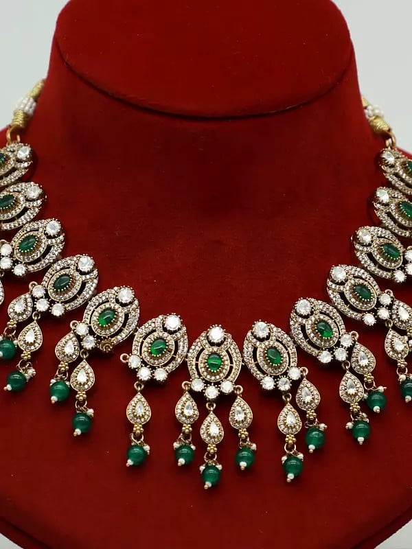 Exotic India Moissanite Doublet Stone Set With Hanging Beads And Earrings For Women
