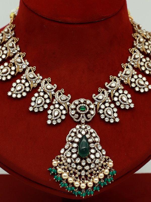 Exotic India Moissanite Kundan Necklace Set With Beautiful Earrings And Hanging Beads