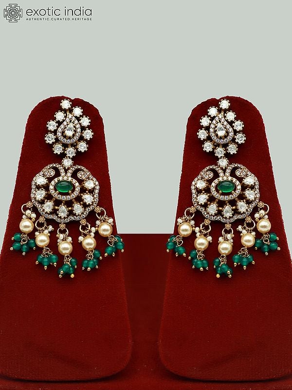 Exotic India Moissanite Kundan Necklace Set With Beautiful Earrings And Hanging Beads