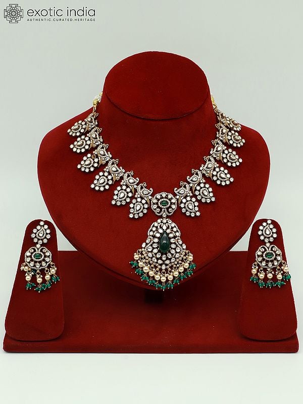 exotic india Moissanite Kundan Necklace Set With Beautiful Earrings And Hanging Beads 