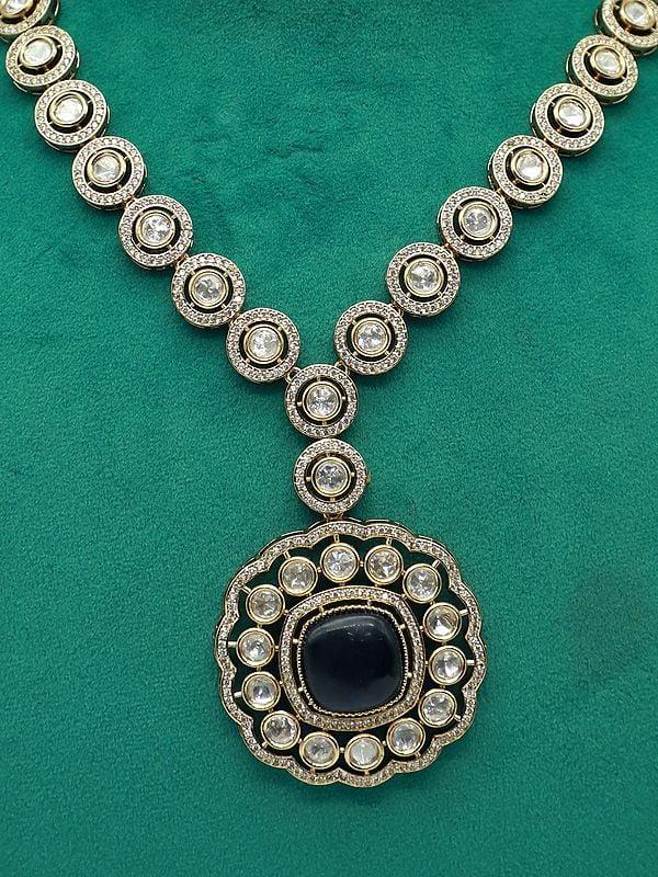 Exotic India Moissanite Kundan Stone Studded Stunning Necklace With Matching Earrings