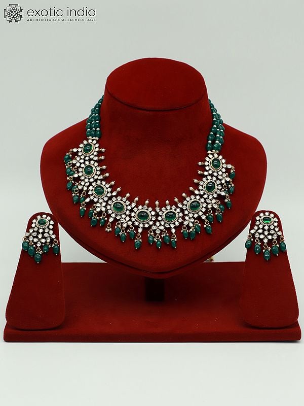 exotic india Moissanite Monalisa Multi Stone Bandhai Set With Antique Polish And Earrings 