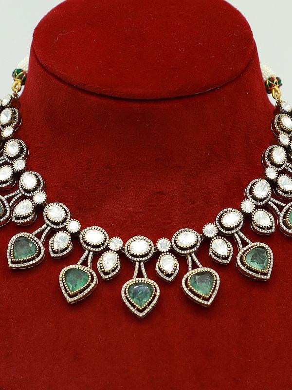 Exotic India Moissanite Necklace Set For Bridal With Doublet Stone And Attractive Earrings 