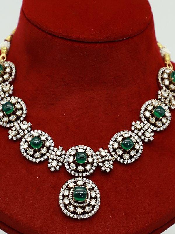 Exotic India Moissanite Necklace Set In Embellished Design With Attractive Earrings And Doublet Stone
