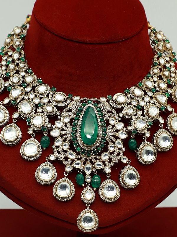 Exotic India Moissanite Necklace Set With Beautiful Earrings For Women