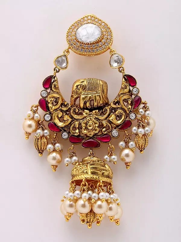 Exotic India Moissanite Studded ChandelIer Earrings With Dangling Pearls 