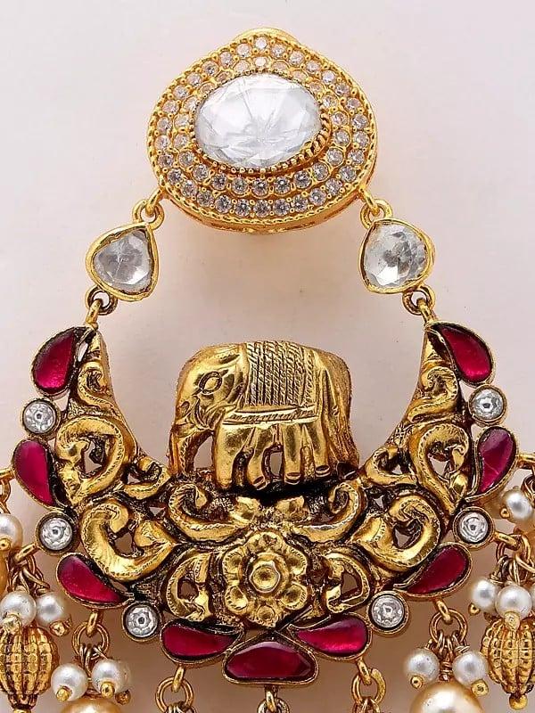 Exotic India Moissanite Studded ChandelIer Earrings With Dangling Pearls 