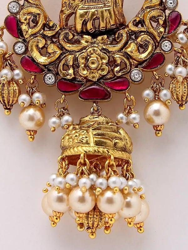 Exotic India Moissanite Studded ChandelIer Earrings With Dangling Pearls 