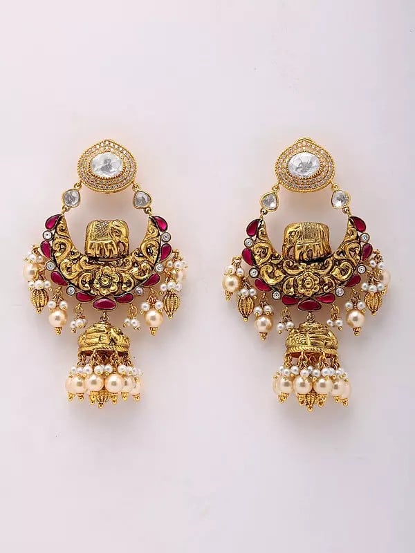 exotic india Moissanite Studded ChandelIer Earrings with Dangling Pearls 