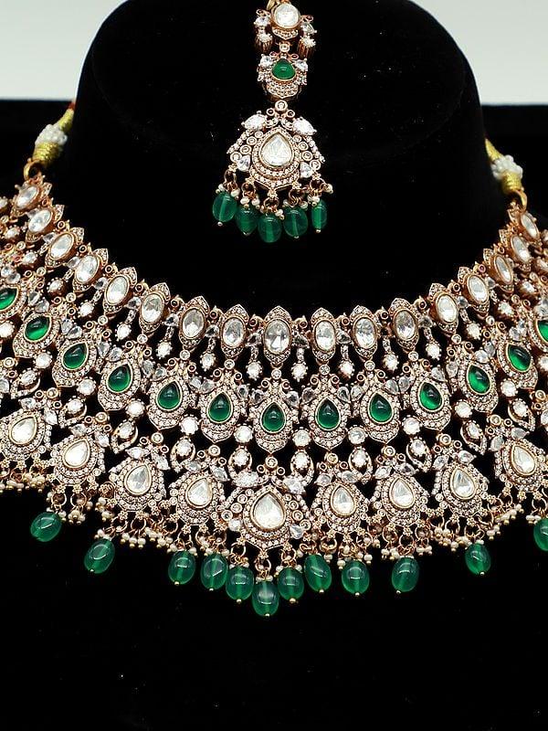 Exotic India Moissanite With Mehendi Polish And Beaded Necklace With Earrings And Mangtika