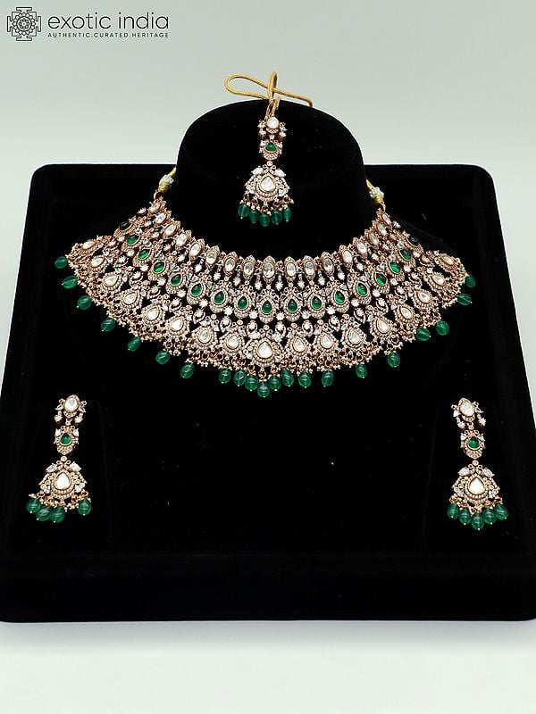 exotic india Moissanite With Mehendi Polish And Beaded Necklace With Earrings And Mangtika 